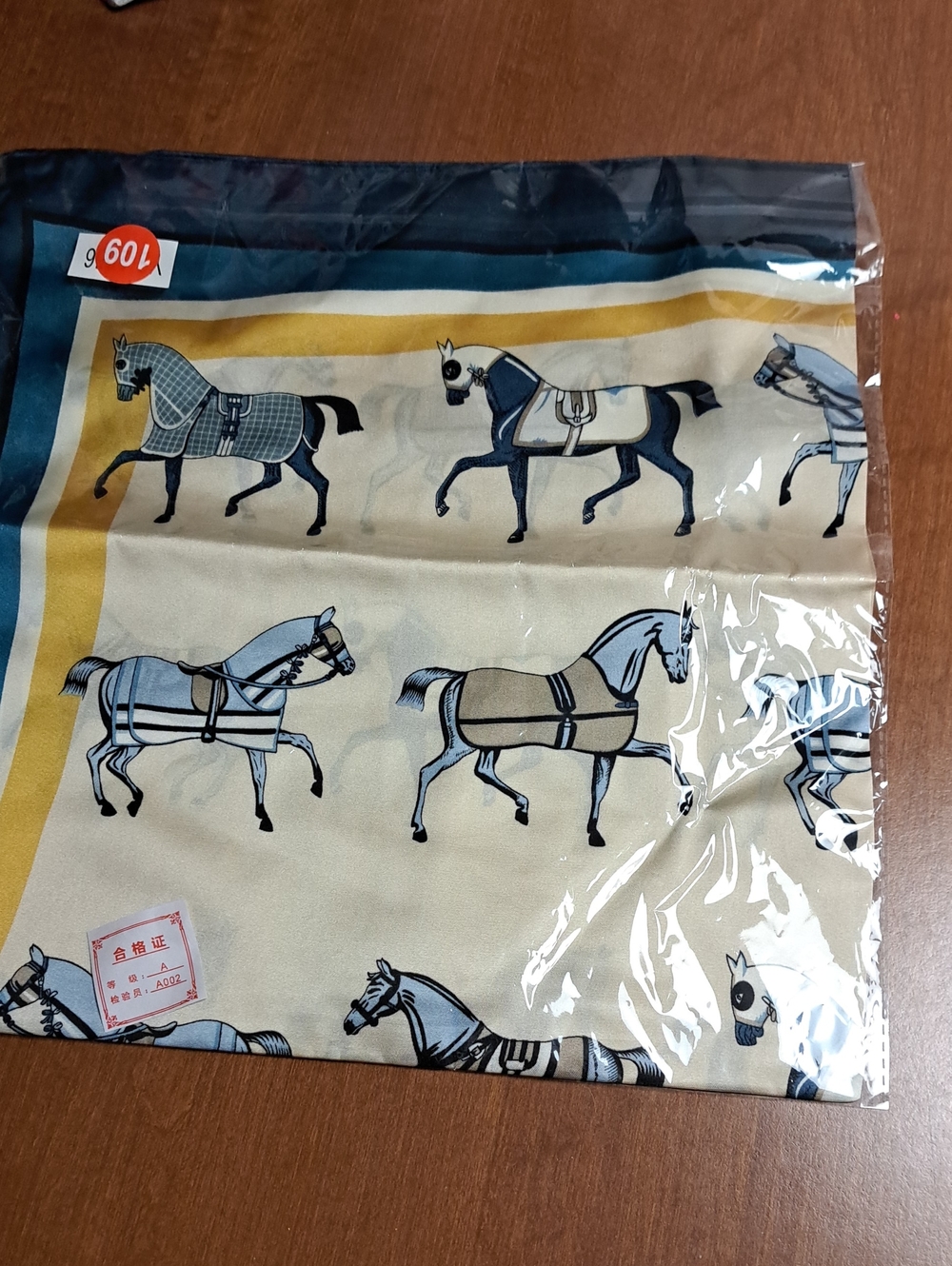 Equestrian Horse Print Square Scarf in Cream, Navy and Gold